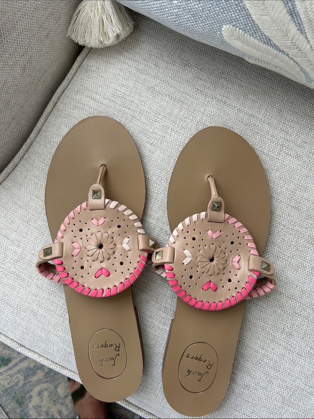 New! Jack Rogers Tan Leather Thong Sandals with Pink Accents New!